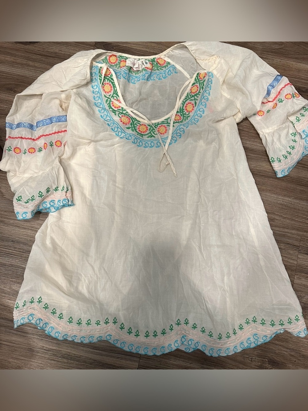 Embroidered Cream Cotton Tunic with Multicolor Floral Trim